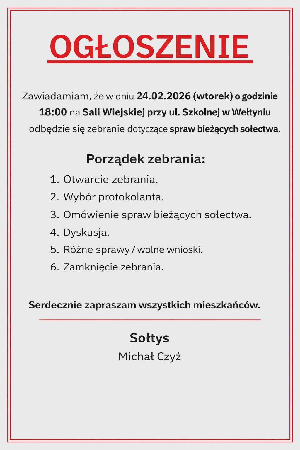 OGŁOSZENIE – sprawy bieżące sołectwa